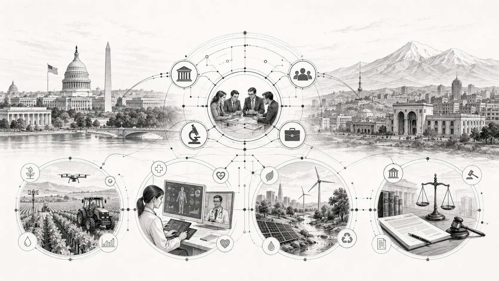 Conceptual illustration connecting Washington DC, Armenia, policy research, expert communities, agriculture, healthcare, environment, and jurisprudence